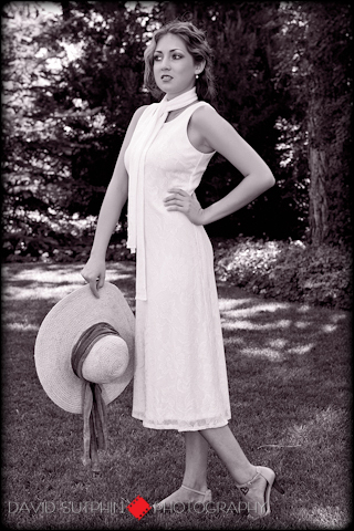 Full length portrait of Kirsten finished as a black & white vintage portrait.