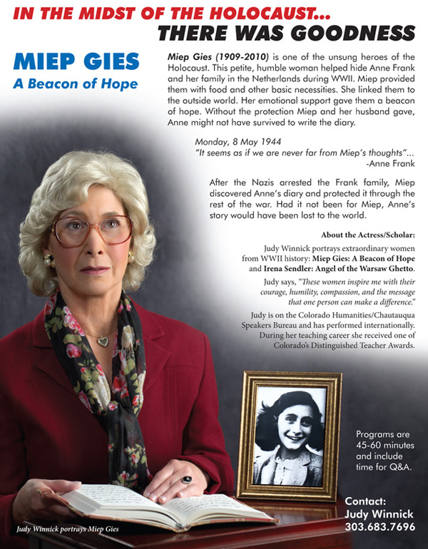 Promotional flyer for Judy Winnick's portrayal of Mipe Gies. Actor headshot by David Sutphin Photography Studio.